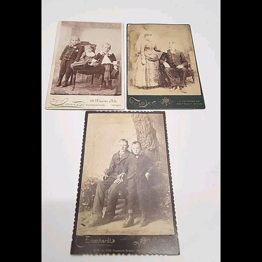 3-Antique Cabinet Card Photographs Of Children , Couple,Michigan History